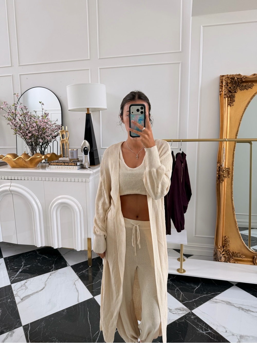 Women's Cream Knit Lounge Set Long Cardigan